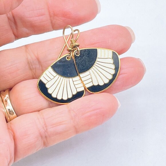 Vintage Laurel Burch Fan Earrings Black & Gold Tone Enamel Dangle - Picture 4 of 7